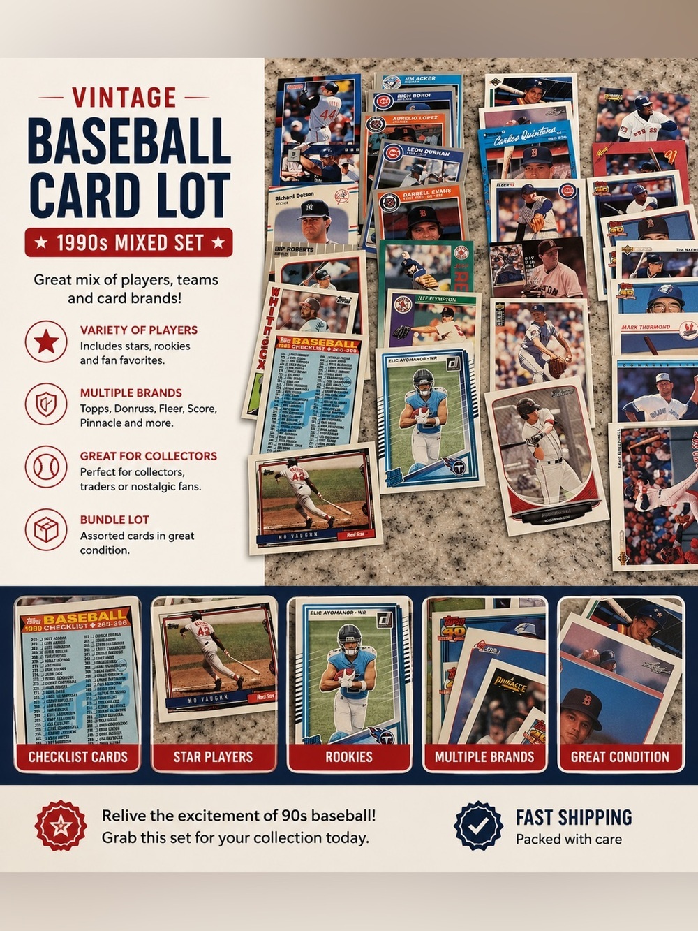 30+ MLB 1990+ Multi-Team Baseball Cards - Blue, Red, White